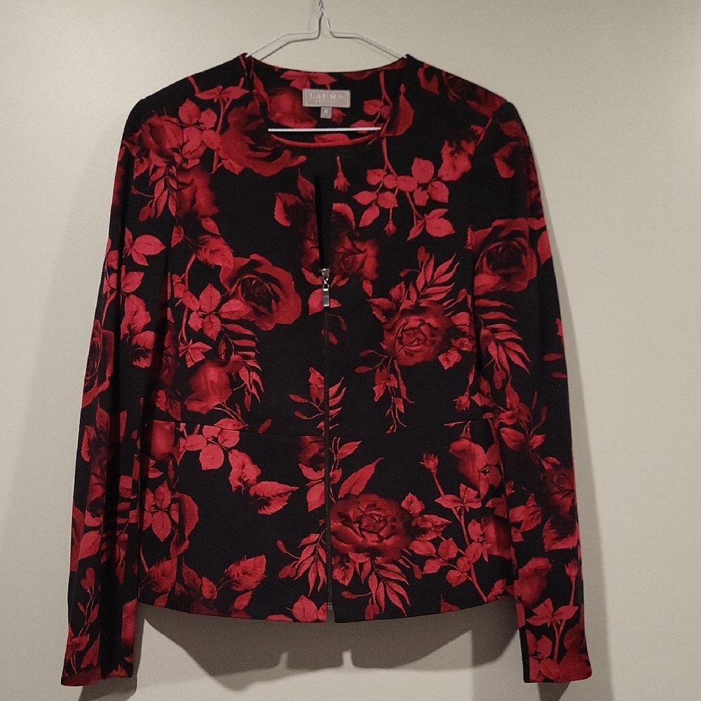 Laura Black & Red Floral Zip-Front Blazer